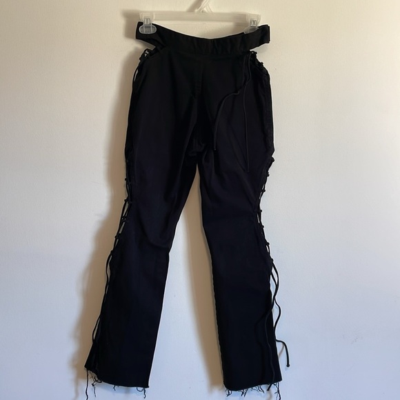 Stuck on Stupid Lace Up Pants Small Black Crop Flare Goth Emo Frayed Cut Out - Picture 2 of 11